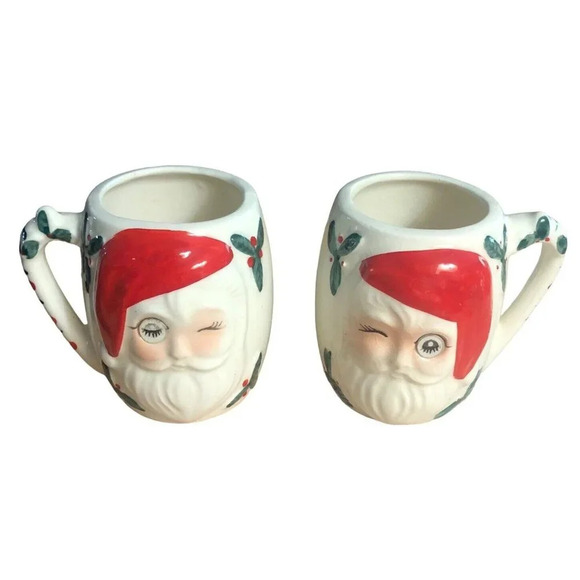 Vintage Miniature 2 .75" Santa Winking Blinking Ceramic Holly Jolly Japan Mugs - Picture 1 of 7